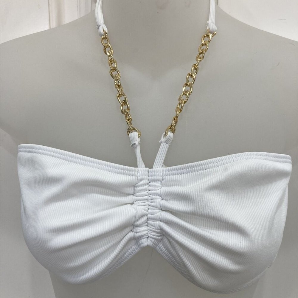White Thong Bikini 2-piece gold chains sz L removeable cups - Picture 3 of 15